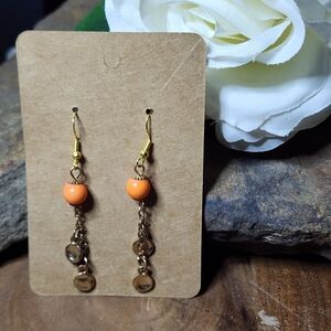 Hand Crafted Dangle Earrings With Coral Colored Beads and Gold Toned Hooks
